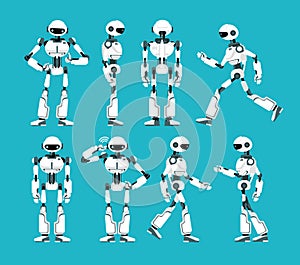 Robot character. Cartoon robotic mechanism, humanoid vector set