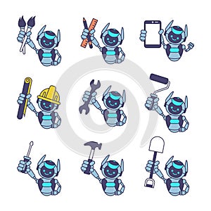 Robot character holding paintbrush, ruler and pencil, phone, blueprint paper, wrench, paint roller, screwdriver, hammer, shovel.