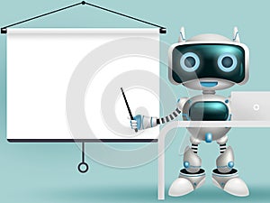 Robot character presentation vector background design. Robotic 3d character presenting empty white projector screen board element.