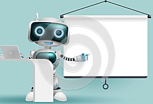 Robot character presentation vector background design. Robotic 3d character pointing and presenting empty white projector screen.