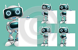 Robot character presenting vector set. Robotic characters in pose and gestures like showing white board element for presentation.