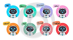 Robot character set vector design. Robots characters collection with happy and friendly face expression.