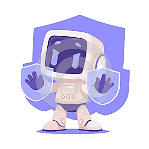 Robot Character with Shield as Smart Android Assistant Machine Vector Illustration