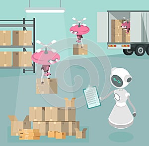 Robot character warehouse future technology carry box delivery, mail service flat vector illustration. Modern drone