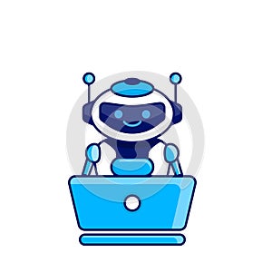 Robot character work with laptop vector illustration. Cute Cartoon Robot Illustration