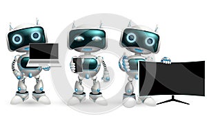 Robot characters vector set. Robotic character with modern devices like smartphone, television and laptop in holding and showing.