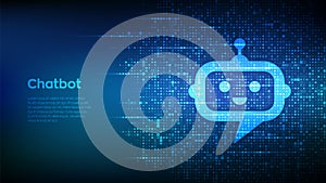 Robot chatbot head icon sign made with binary code. Chatbot assistant application. AI concept. Digital binary data and streaming