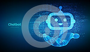 Robot chatbot head icon sign made with binary code in wireframe hand. Chatbot assistant application. Digital binary data and