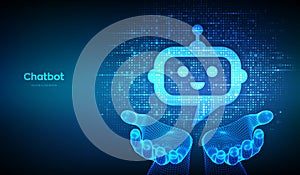Robot chatbot head icon sign made with binary code in wireframe hands. Chatbot assistant application. Digital binary data and