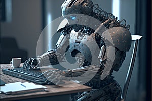 Robot Chatgpt at the computer in the office