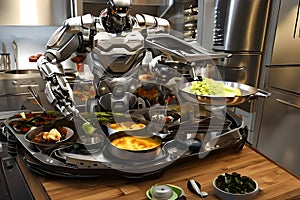 Robot Chef cooking dinner in restaurant