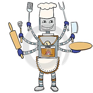 Robot chef drawing. Vector cartoon