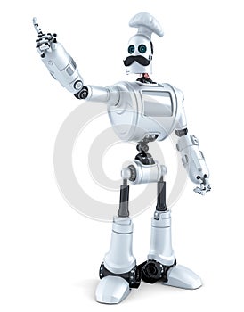 Robot Chef pointing over white background. 3D illustration. Isolated. Contains clipping path