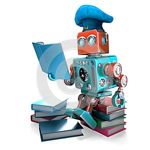 Robot Chef reading cookbook. 3D illustration. Isolated. Contains clipping path