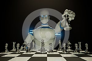 Robot chess armies on the wooden chessboard. Empty place for text. chess battle 3d illustration