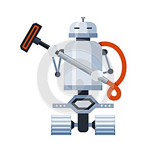 Robot cleaner on wheels holding vacuum cleaner attachment cartoon icon. Humanoid home, office helper.