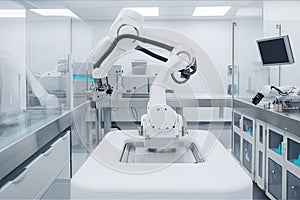 robot, cleaning and sanitizing benchtop in cleanroom, with equipment for scientific research visible photo