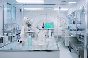 robot, cleaning and sanitizing benchtop in cleanroom, with equipment for scientific research visible photo
