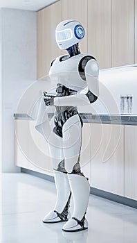 Robot efficiently cleaning kitchen surfaces in a modern home environment. Generative AI