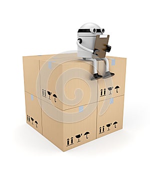 Robot with clipboard and boxes