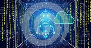 Robot and cloud computing image over digital data processing background