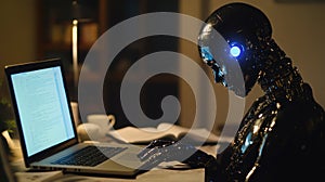 Robot working on laptop at night, artificial intelligence, coding and technology