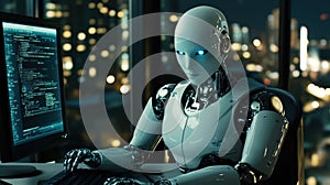AI Robot Working on Computer with Code on Screen, Futuristic Technology Concept