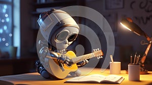 3D rendering of a little robot playing an ukulele.