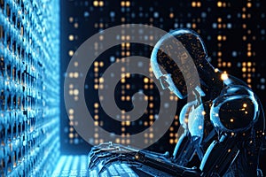 Robot computer programmer at work. Futuristic concept of AI and software development. Ai Generative