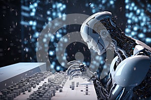 Robot computer programmer at work. Futuristic concept of AI and software development. Ai Generative