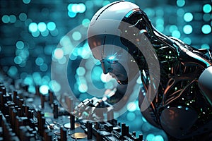 Robot computer programmer at work. Futuristic concept of AI and software development. Ai Generative