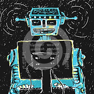 Robot and Computer Vector Illustration