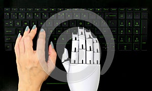 Robot concept chatbot of Human hand and robot hand pressing computer keyboard