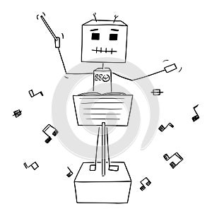 Robot Conductor Leading Orchestra, Vector Cartoon Stick Figure Illustration