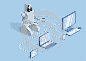 A robot connected by wires to a computer, laptop and mobile gadgets. Robotics, programming and robot training. Vector