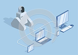 A robot connected by wires to a computer, laptop and mobile gadgets. Robotics, programming and robot training. Vector