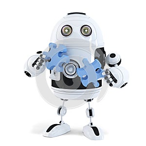 Robot connecting puzzle pieces. Technology concept. . Contains clipping path