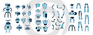 Robot constructor components. Bot creation kit of modular robot parts including heads, arms, legs and bodies for android