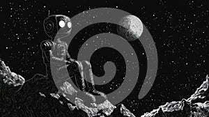 Robot sitting on a rocky surface gazing at the distant moon