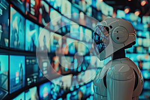 Robot in a control room analyzing data from multiple surveillance monitors.