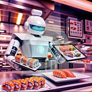 Robot cook chef preparing food in kitchen or serves sushi in restaurant, spaceship bar, cafe on tray. photo