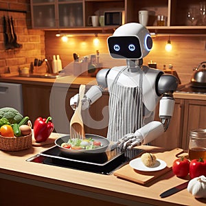 A robot cooking dinner in a kitchen. Generative Ai. photo