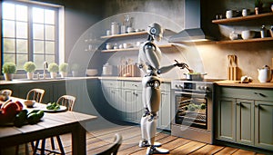 Robot Cooking in Modern Kitchen Preparing a Meal