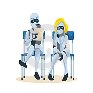 Robot Couple Sit on Chair Wait for Job Interview