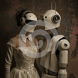 Robot couple in wedding attire embracing love