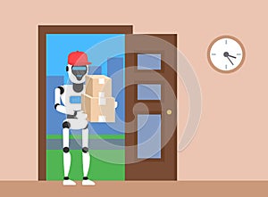 Robot courier delivering  parcel cardboard boxes in open doorway