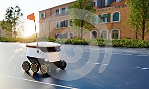 Robot courier delivering parcel to customer house on street road with city background. Business technology and innovation concept