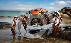Robot crab on the seashore among the rocks