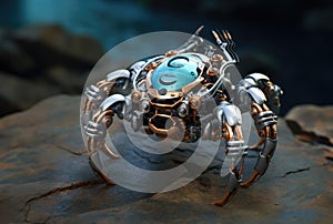 Robot crab on the seashore among the rocks