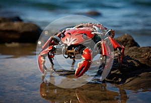 Robot crab on the seashore among the rocks